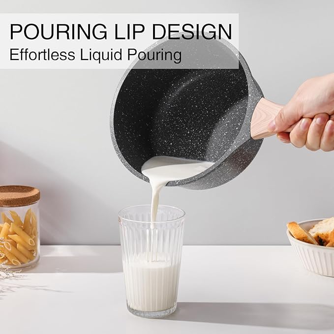 Sauce Pan Set with Lid, 1.5QT & 2.5QT Non Stick Small Pots with Granite Coating, Saucepan with Pour Spout, Multipurpose Induction Cooking Pans, PFOA/PFOS Free