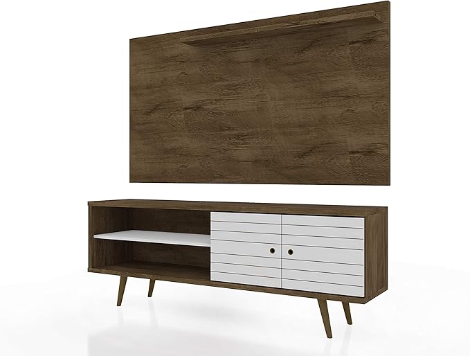 Manhattan Comfort Liberty Mid Century Modern TV Stand for Televisions up to 60 Inches, Bedroom and Living Room Entertainment Center with Storage, Shelves, and Cabinet, 63" Wide, Rustic Brown/White