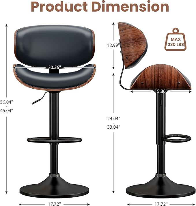 Swivel Bar Stools, Adjustable Bentwood Barstools, Modern PU Leather Upholstered Bar Chair with Back and Footrest, for Bar, Kitchen, Dining Room, Blue（1 PCS）