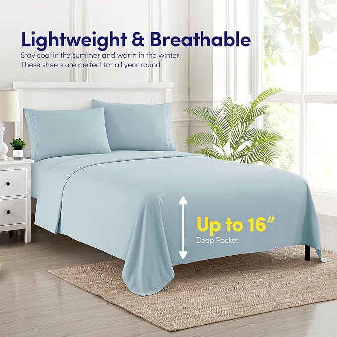 1500 Supreme Collection California King Sheet Sets Light Blue- Luxury Hotel Bed Sheets and Pillowcase Set for Cal King Mattress - Extra Soft, Elastic Corner Straps, Deep Pocket Sheets Light Blue