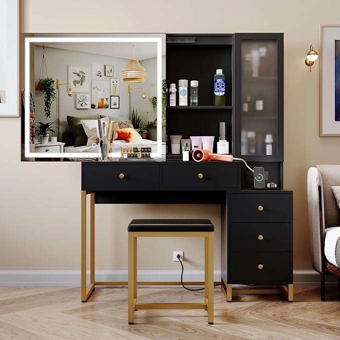 Vanity Set with Lighted Mirror and Charging Station, Extra Large Mirror Makeup Vanity Table with Cushioned Stool,5 Drawers, Modern Vanity Table with Nightstand (Black, Large)