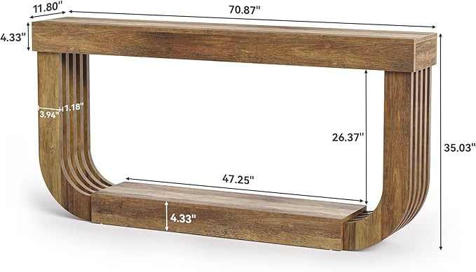 LITTLE TREE 70.9-Inch Extra Long Narrow Console Table, 2-Tier Brown Wooden Sofa Table for Living Room, Large Hallway Foyer Table with Heavy Duty U-Shaped Pedestal