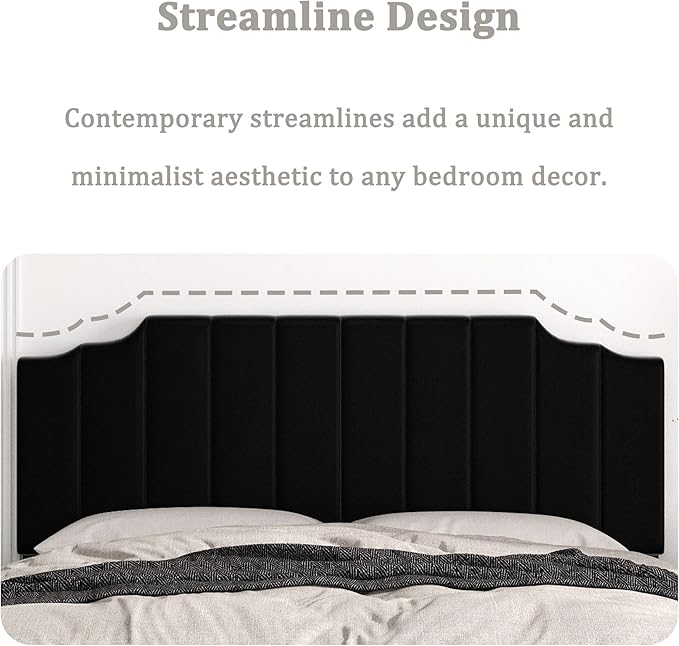 King Size Headboard Only, Velvet Wall Mounted Headboard King for Adjustable Bed Modern Upholstered Head Board Easy Assembly, Black