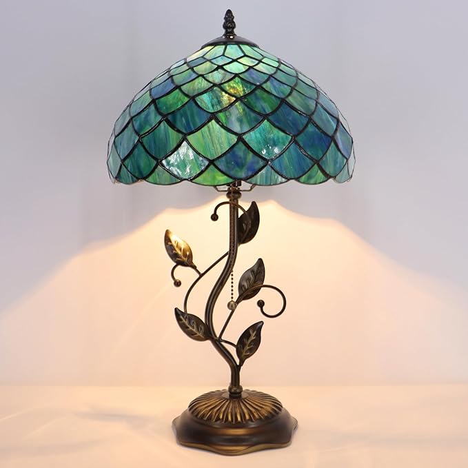 Tiffany Table Lamp, Stained Glass Desk Light, W12H19 Inch, Metal Leaf Base (Fishscale Style)
