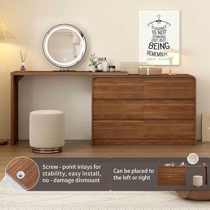 Makeup Vanity Desk with Touch Screen Mirror, 50-90 in Adjustable Sturdy Vanity Table Set with Chair, Bedroom Elegant Dressing Table for Women with 6-Drawer Rounded Corners Storage Cabinet, Brown