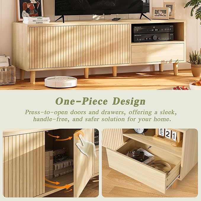 58" Mid Century Modern TV Stand for 32-65 inch TVs, Light Wood TV Console with with Fluted Doors and Drawer, Entertainment Center with Storage for Living Room, Oak