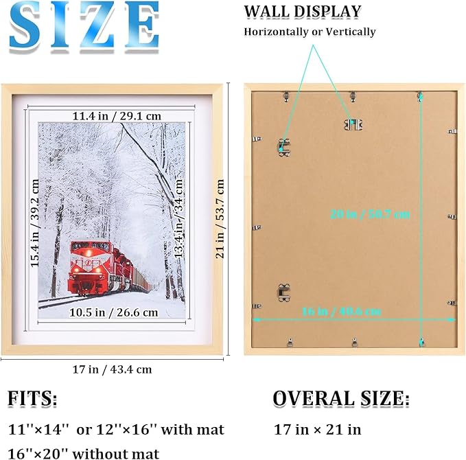 Egofine 16x20 Solid Wood Picture Frame, Made of Solid Wood Covered by Plexiglass 11x14/12x16 with Mat 16x20 without Mat, Poster Frame for Wall Mounting Photo Vertically or Horizontally, Natural Wood