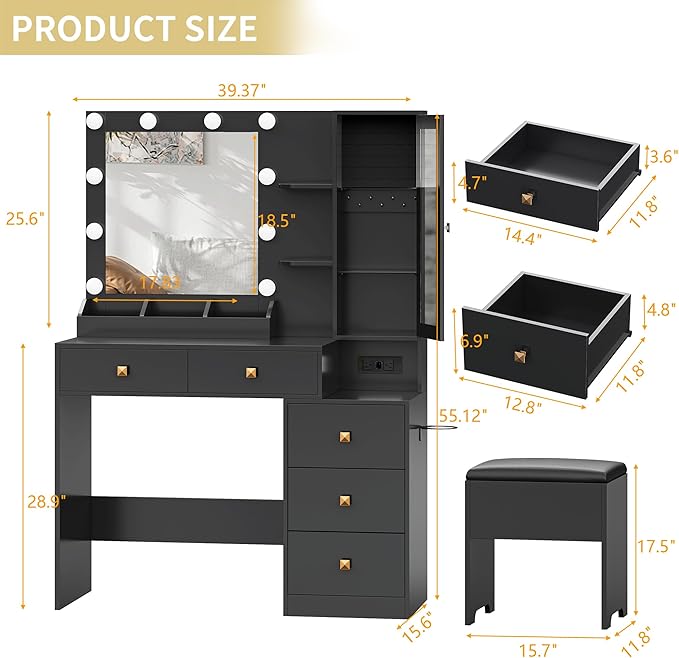 Vanity Desk with Mirror and Lights, Makeup Vanity Table Set with 5 Storage Drawers, Power Outlet & Chair, Small Dressing Table with RGB Ambient Light, Adjustable Brightness for Girls Bedroom, Black
