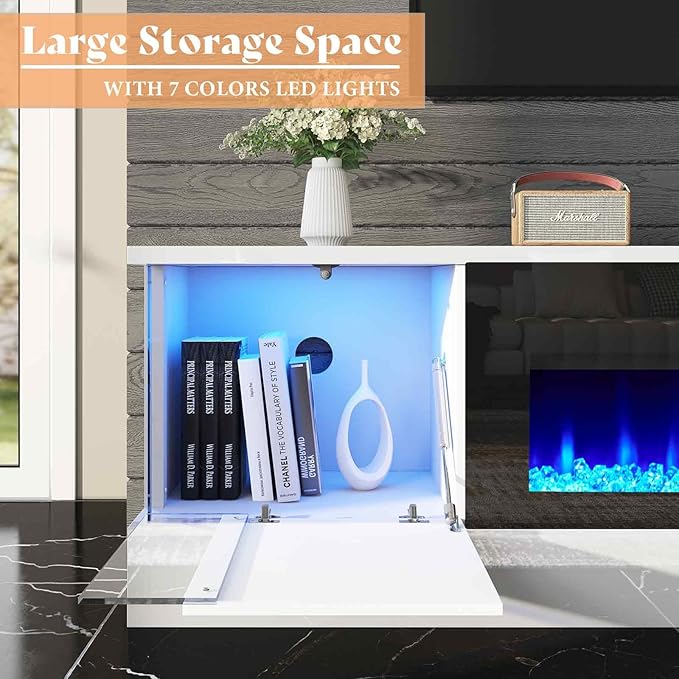 AMERLIFE High Gloss Fireplace TV Stand with 36" Fireplace, 70" LED Lights Entertainment Center with Flip Doors & Corner Glass Decor, Modern Console Table for TVs up to 80", Living Room, White