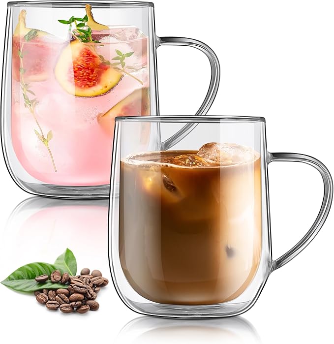 Joeyan Large Clear Double Walled Glass Coffee Mugs 15 oz, Double Layer Tea Latte Cappuccino Cups with Handle, Double Lined Insulated High Borosilicate Glassware for Milk and Hot Beverages, Set of 2