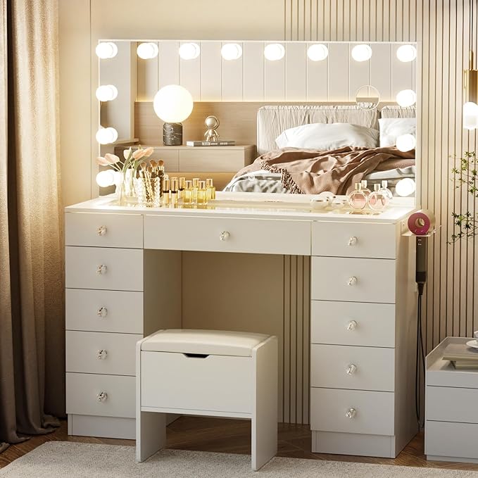 VOWNER Vanity with Lighted Mirror - Glass Top Makeup Vanity Desk with Lights and 11 Drawers, 3 Color Lighting Modes Adjustable Brightness, 46" Makeup Desk with Soft Cushioned Stool for Bedroom, White