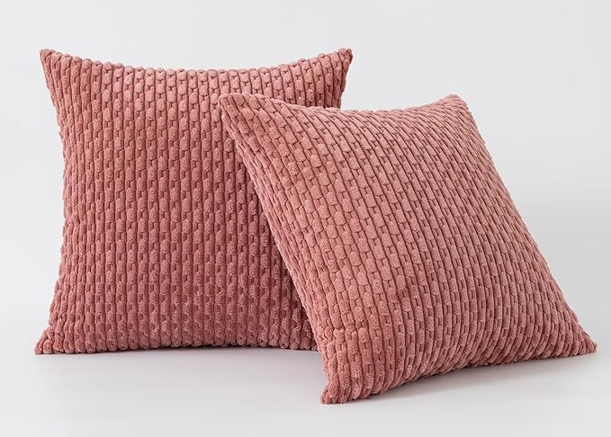 Kevin Textile Throw Pillow Covers Soft Corduroy Decorative Set of 2 Boho Striped Pillow Covers Pillowcases Farmhouse Home Decor for Couch Bed Sofa Living Room 26x26 Inch Blush Pink