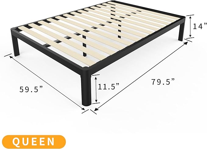 MAF 14 Inch Queen Platform Bed Frames with Wooden Slats, Black 3500 Lbs Heavy Duty Metal Bed Frame with Anti-Collision Round Legs, No Box Spring Needed, Easy Assembly