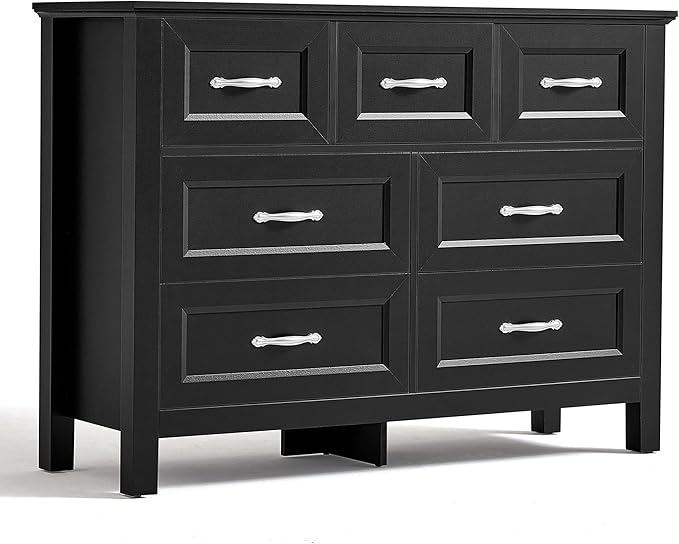 LINSY HOME Farmhouse 7 Drawers Dresser Chests for Bedroom, Wood Dresser Wide Chest of Drawers, Storage Dressers Organizer for Bedroom, Living Room,Hallway, SGS Certified