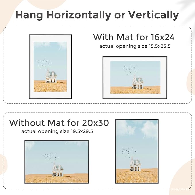 20x30 Metal Picture Frame for Wall With Mat for 16x24, 20''x30'' Aluminum Photo Frames With Tempered Glass for Home Decor, Minimalist Modern Poster Frame Horizontal And Vertical Formats, Black