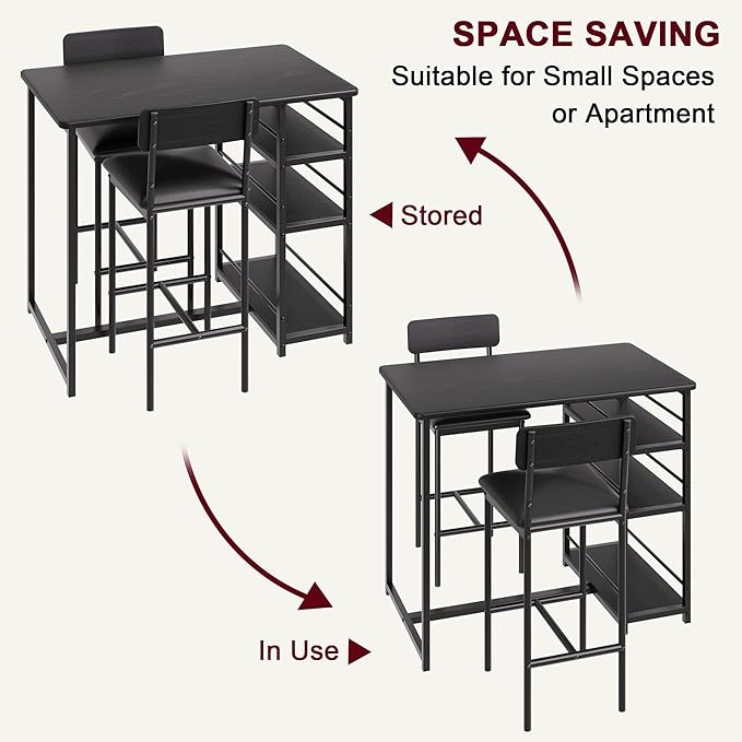 GAOMON Dining Table Set for 2, Kitchen Table and Chairs for 2 with Upholstered Chairs, 3 Piece Counter Height Bar Kitchen Table Set with 3 Storage Shelves for Small Space, Apartment, Rustic Black