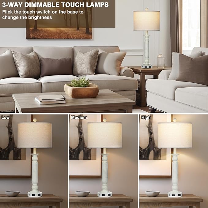 28.5" Farmhouse Table Lamps Set of 2 with USB C+A Ports & AC Outlet for Vintage Living Room Retro Bedroom,3-Way Dimmable Touch Lamp Resin Bedside Lamps for Nightstand Side End Table,White-2