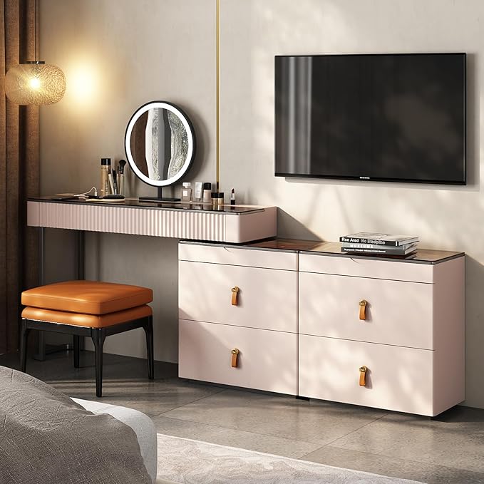 Lartis Makeup Vanity with Stool, Very Easy to Assemble,Retractable TV Cabinet Combination, Dressing Table Desk in one, Super Storage