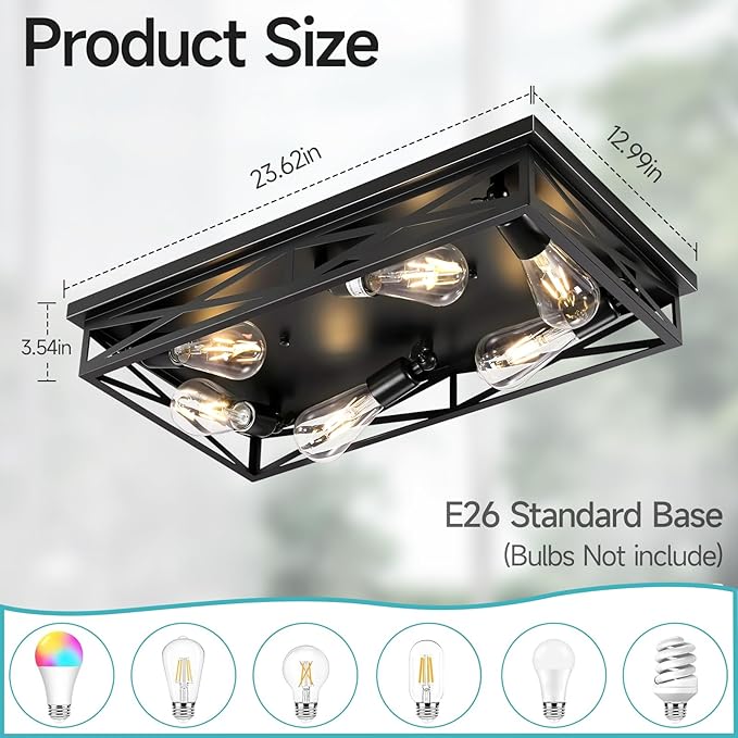 Flush Mount Ceiling Light Fixture,6-Light Black Farmhouse Flush Mount Light Fixture Kitchen Lights, 23" Metal Cage Closed to Ceiling Mounted Lights for Kitchen Hallway Entryway E26 Base