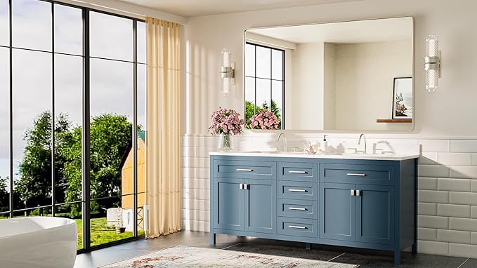 TETOTE 60 x 36 Inch Brushed Nickel Bathroom Mirror Metal Framed Bathroom Mirror, Tempered Glass, Modern Farmhouse Wall Mounted Mirror for Decorative(Horizontal/Vertical)