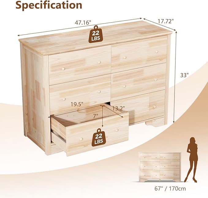 VINGLI Solid Wood Dresser Unfinished for Color DIY, Natural Real Wood Dresser 6 Drawer for Bedroom, 47.16" W*17.72" D*33" H