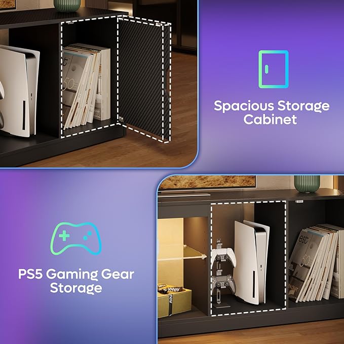 Bestier LED TV Stand for 65/75/80 inch TV, Gaming Entertainment Center with Adjustable Glass Shelf & Storage Cabinet for PS5 Xbox, Modern TV Console Table for Living Room Bedroom, Black Carbon Fiber