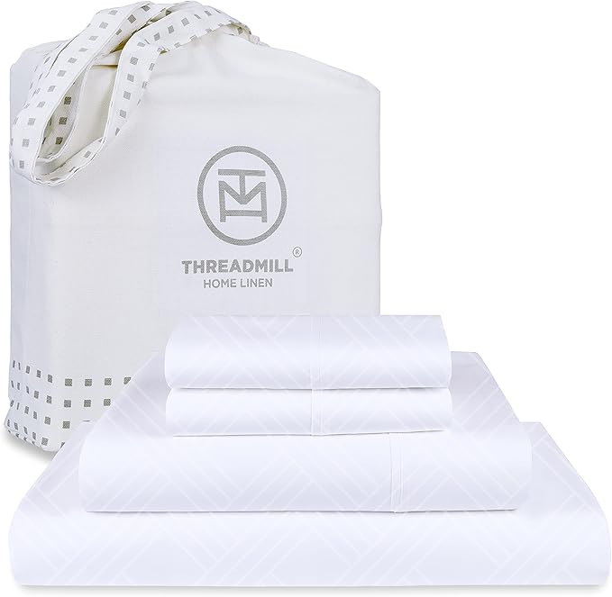 Threadmill Luxury 100% Cotton Full Bed-Sheets - 800 Thread Count Jacquard Celine Hotel White, Better Than Egyptian Cotton,4 Pc Striped Bed Set, Damask Sheets with 16" Deep Pocket
