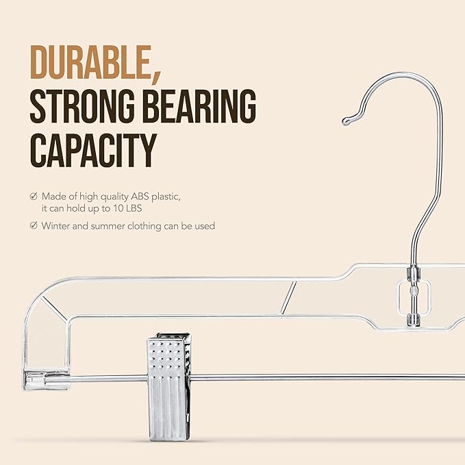 HOUSE DAY Clear Pants Hangers with Clips 12 Pack, Plastic Skirt Hangers for Women, 14 Inch Clip Hanger for Pants, Skirts, Jeans, Shorts, Legging, with 360-degree Swivel Hook, 2 Adjustable Clips