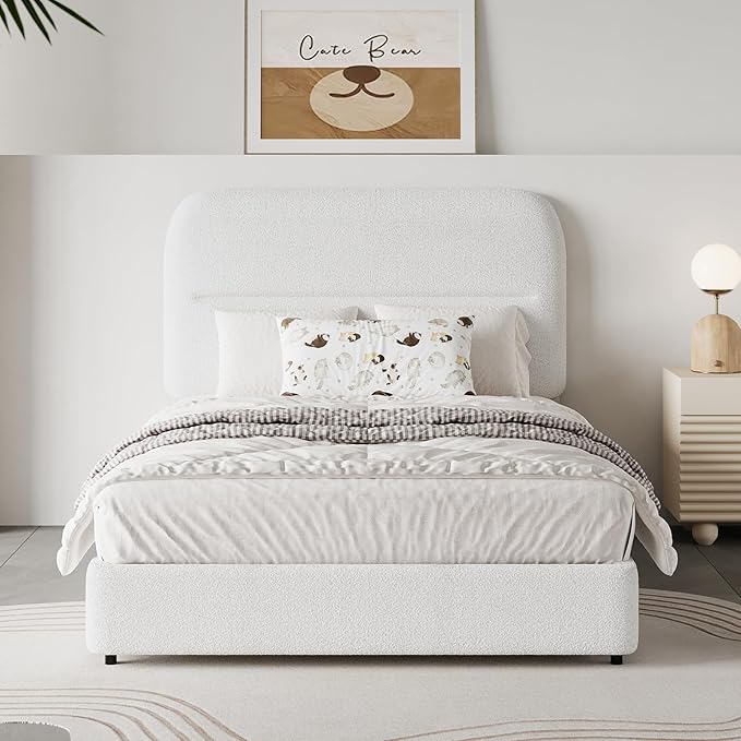 HOMBCK Twin Bed Frames with Headboard, Boucle Upholstered Platform Bed Twin Size for Kids, Rounded Corners & Thickened Footboard, No Box Spring Needed/Easy Assembly, White
