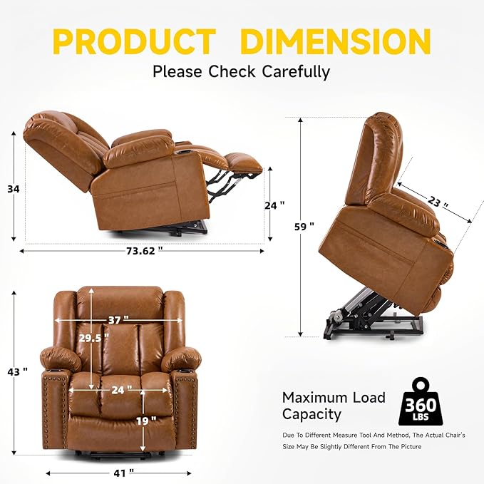 Large Power Lift Chair Recliner for Elderly with Heated and Massage, Overstuffed Adjustable Lift Chair, 3 Position, Breathable Leather, USB-A&USB-C, Cup Holder (Large-7523, Caramel)