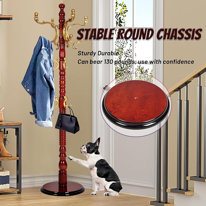 73 in Wood Coat Rack, Coat Rack Freestanding with Stable Round Base, Adjustable Height Tree Coat Racks Stand for Home Bedroom Office Hallway Entryway (Haitang color)