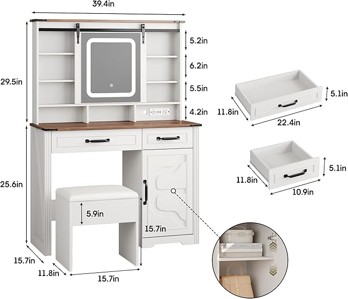Farmhouse Makeup Vanity Desk with Sliding Mirror and Lights and Charging Station, White Vanity with Shelves and Drawers and Storage Cabinet, Make Up Vanity Desk with Cushioned Stool for Bedroom