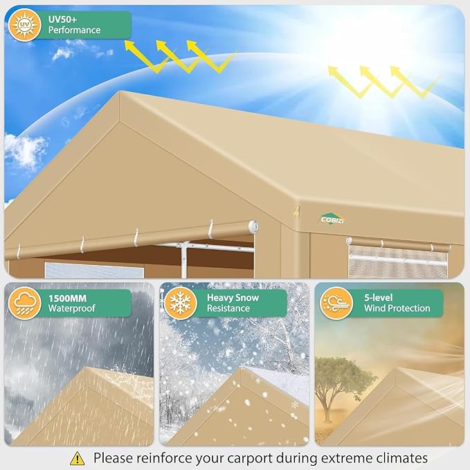 COBIZI Carport 10x20ft Heavy Duty Portable Garage, 2.0 Powder Coated Frame(Better Than Galvanized), Waterproof Shelter with Removable Sidewalls & Windows, Built-in Sandbags, for Car/Boat/SUV, Khaki