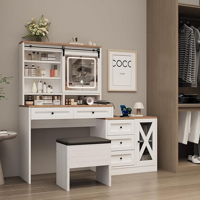 ALBAD Vanity Desk with Mirror and Lights Farmhouse Makeup Vanity Desk with Sliding Mirror and Vanity Stool Set Rustic Vanity Dresser with Organization and Storage Drawers and Charging Station White