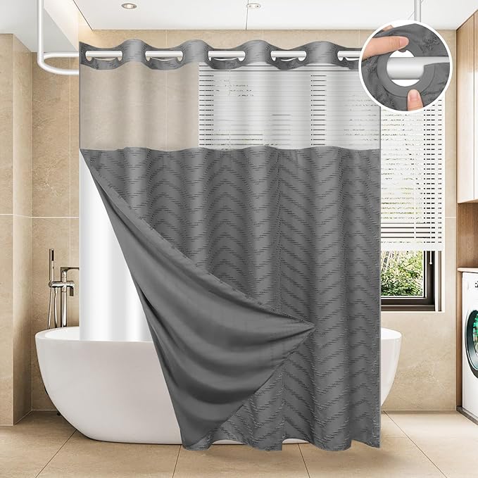 No Hook Shower Curtain and Snap in Liner Set Grey Tufted Chevron Striped Cloth Waterproof Washable Fabric Boho Gray Bath Curtain with See Through Mesh Top Window for Bathroom Hotel 71" x 86"
