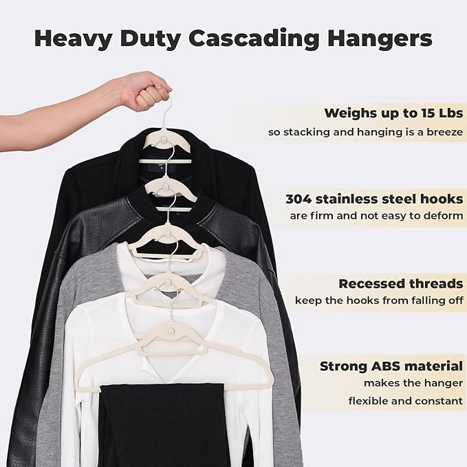 Ivory Velvet Hangers 50 Pack, Felt Covered Non Slip Fabric with Stackable Cascading Hook, Ultra Thin and Space Saving with 360° Swivel Neck, 15Lbs Capacity for Clothes, Suit, Shirt, Coat