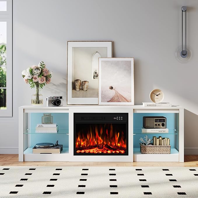 Ludatido 70 Inch Fireplace TV Stand with 23" Fireplace Insert, Entertainment Center with 14-Color LED Lights, Open Storage, Adjustable Glass Shelves, White TV Stand for Living Room Fits up to 80" TVs