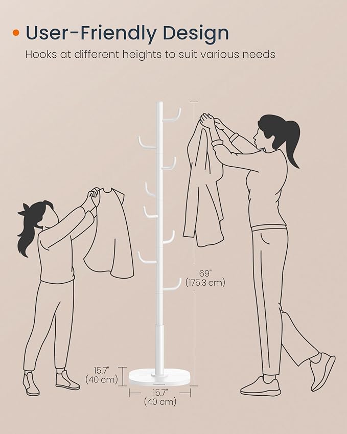 SONGMICS HOME Cactus-Shaped Coat Rack, Freestanding, Stand with 8 Sturdy Hooks, with Curved Ends, 69 Inches Tall, for Clothes, Hats, Bags, Cloud White URCR039W01