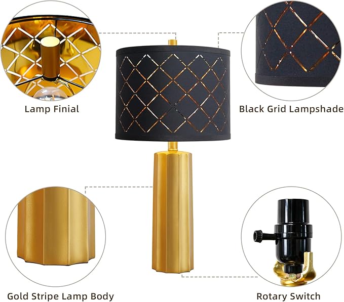 RORIANO Set of 2 Modern Table Lamps for Living Room Bedroom, Gold Nightstand Resin Lamps with Black Grid Shade, Contemporary Desk Lamps for Bedside End Tables, 2 Bulbs Included (Gold)
