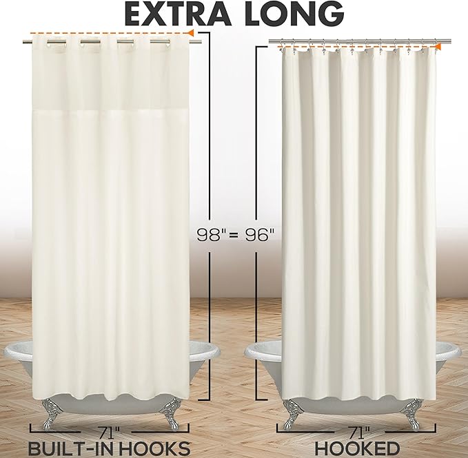 Extra Long No Hook Slub Textured Shower Curtain with Snap-in PEVA Liner Set - 71" x 98"(96"), Hotel Style with See Through Top Window, Cream Fabric Curtain & Waterproof Liner, Sand, W71xH96