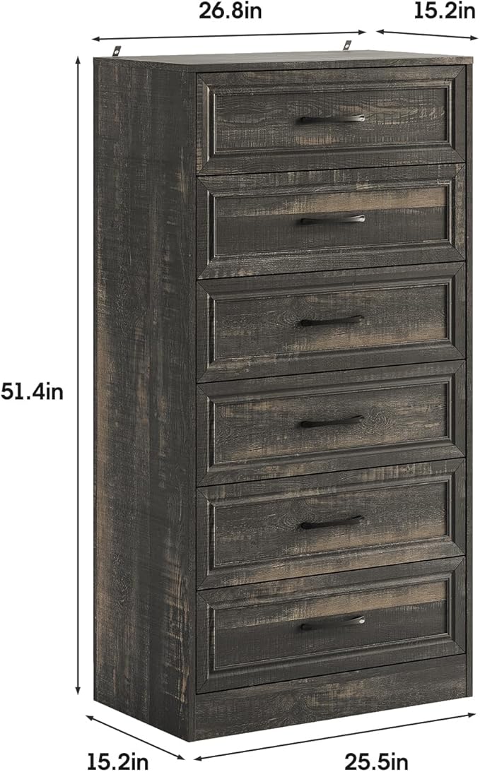 Fameill Dresser for Bedroom, Tall Dresser for Hallway, 6 Drawer Wide Dresser Organizer with Charging Station for Closet, Wood Dresser with Metal Handles, Dark Brown