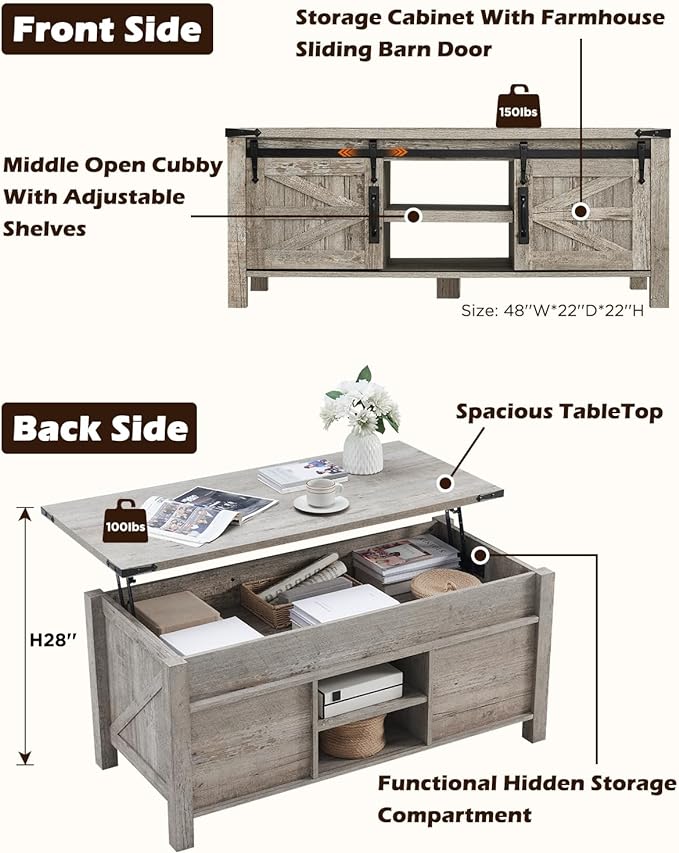 OKD 48" Farmhouse Lift Top Coffee Table with Sliding Barn Door, Rustic Center Table w/Hidden Storage Compartment, Lift Tabletop Dining Table w/Adjustable Shelf for Living Room,Light Rustic Oak