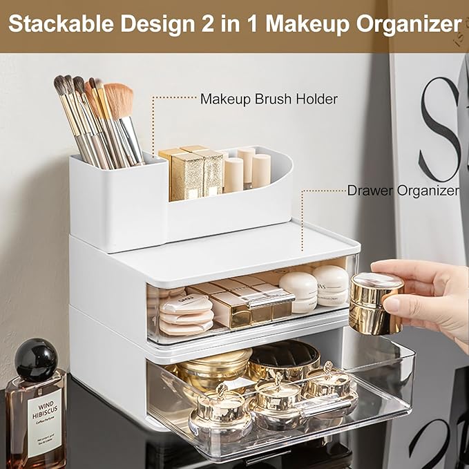 DASITON Makeup Organizer for Vanity with 2 Drawers, Stackable Cosmetic Organizer with Makeup Brush Holder, Plastic Bathroom Organizer Skincare Storage for Brushes, Eyeshadow, Lotions, Lipstick (White)