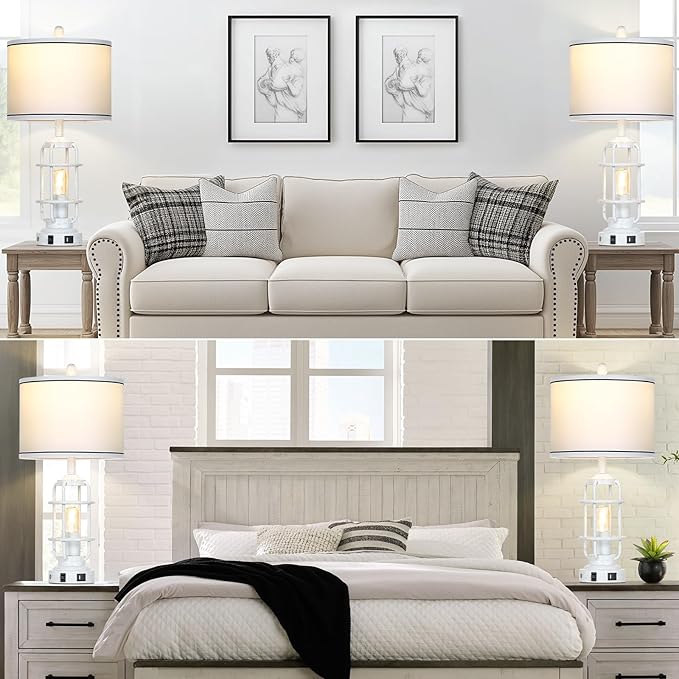 Farmhouse Industrial Lamps with USB A+C Charging Ports & AC Outlet, 3 Way Dimmable Touch Control Vintage Rustic Table lamps for Living Room, White Retro Beside Nightstand Metal Modern Lamp for Bedroom