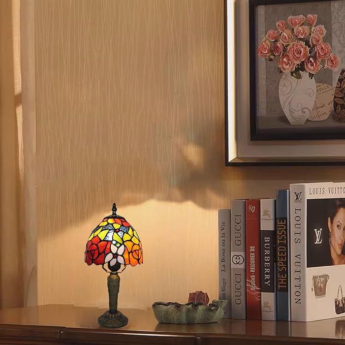 Rose Tiffany Small Table Lamp 3 Way Color Temperatures Stained Glass Bedside Nightstand Table Lamps for Living Room,Bedroom, Home Office Reading Desk Lamp+LED Bulb,6X6X12.5 Inch