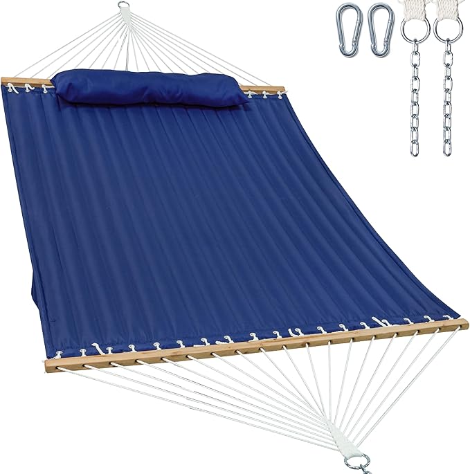 2 Person 12FT Hammocks for Outside, Double Quilted Fabric Outdoor Hammock with Spreader Bar, Large Removable Pillow, Storage Pockets, Carabiners, Max 475 lbs Capacity (Dark Navy)