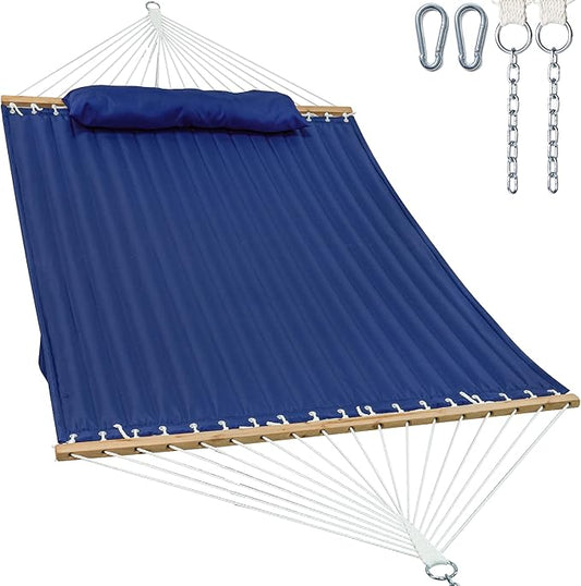 2 Person 12FT Hammocks for Outside, Double Quilted Fabric Outdoor Hammock with Spreader Bar, Large Removable Pillow, Storage Pockets, Carabiners, Max 475 lbs Capacity (Dark Navy)