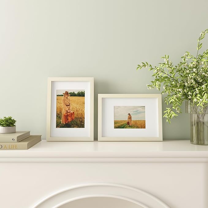 Egofine A4 Picture Frame Made of Solid Wood with Plexiglass, Display Pictures 4x6/6x8 with Mat or A4 Without Mat for Tabletop and Wall Mounting, Beige