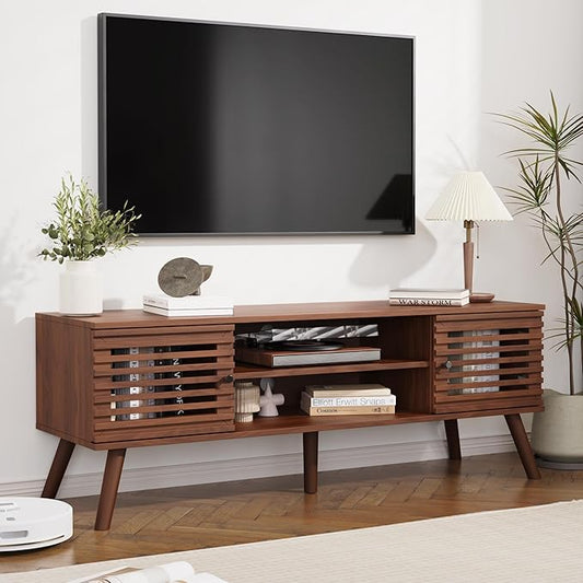 53" Mid Century Modern TV Stand for 50/55/60 inch TV, TV Media Console with Slatted Doors for TVs up to 60", Entertainment Center with Storage for Living Room, Bedroom, Walnut