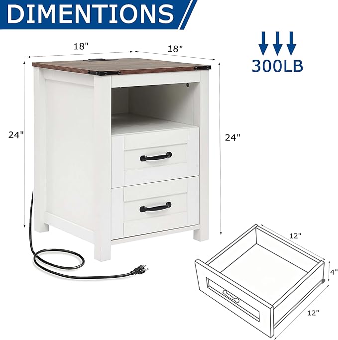 Farmhouse Night Stand, Rustic White Nightstand for Bedroom, End Tables with Charging Station, Bedside Table with Drawers, Wood Bedside Cabinet Dresser